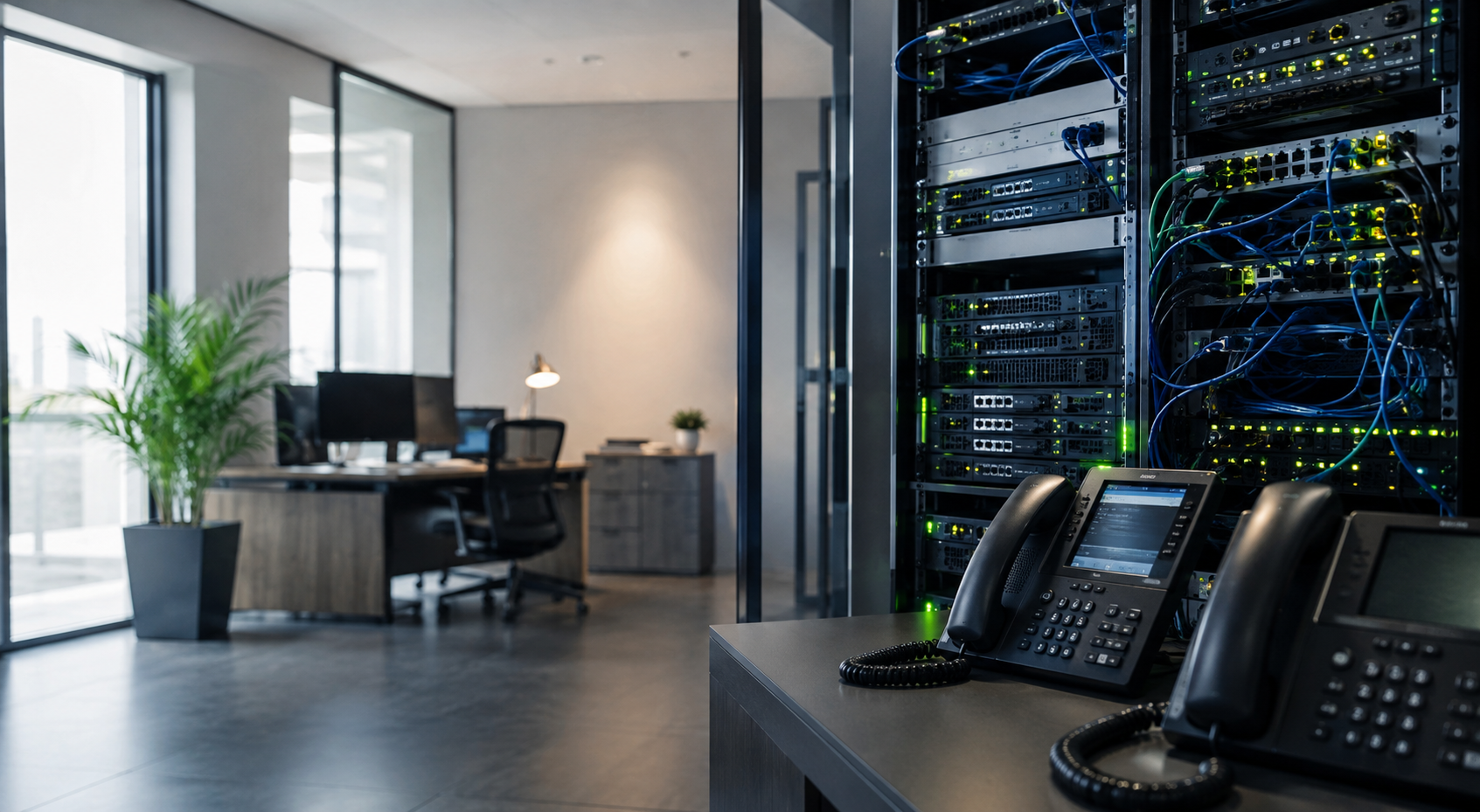 Server, Netzwerkverkabelung und VoIP-Telefone in einer modernen Büroumgebung